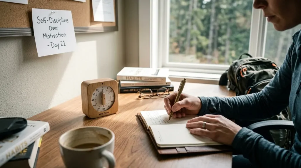 A close-up realistic photograph of the hiker's hands from the top image, using a manual countdown timer for a focused study session, with a leather-bound journal and habit notes visible in a rustic desk environment.