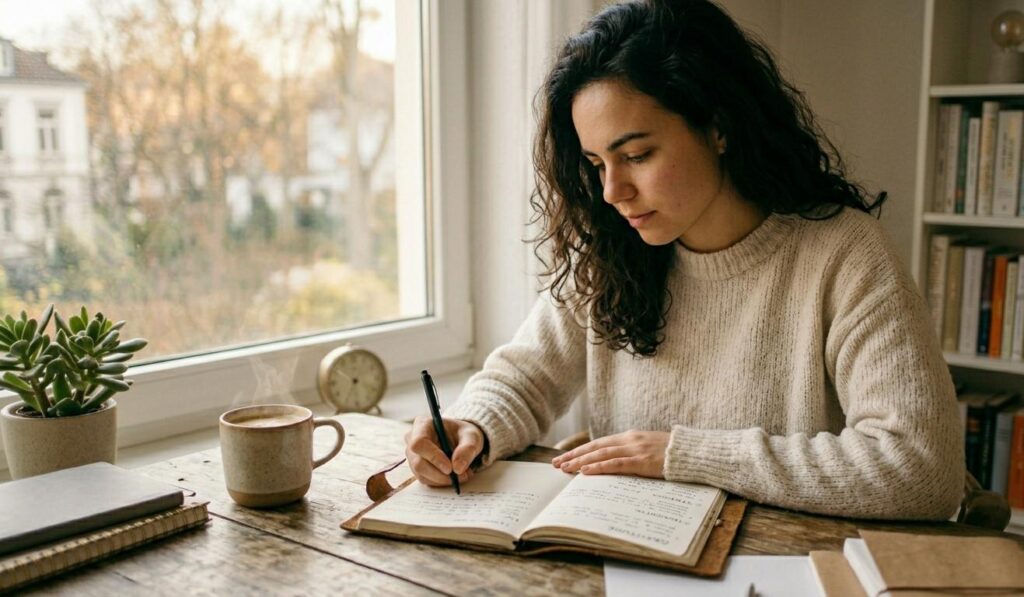 A high-resolution, realistic photo of a young woman with dark curly hair focused on writing in a leather-bound journal at a rustic wooden desk. She is using a black pen, and her notebook is open to a page with headings for 'Goals' and 'Gratitude.' On the desk sits a steaming mug of coffee and a small succulent near a large window. A bookshelf filled with colorful books is visible in the soft-focus background. Natural morning light creates a peaceful atmosphere.