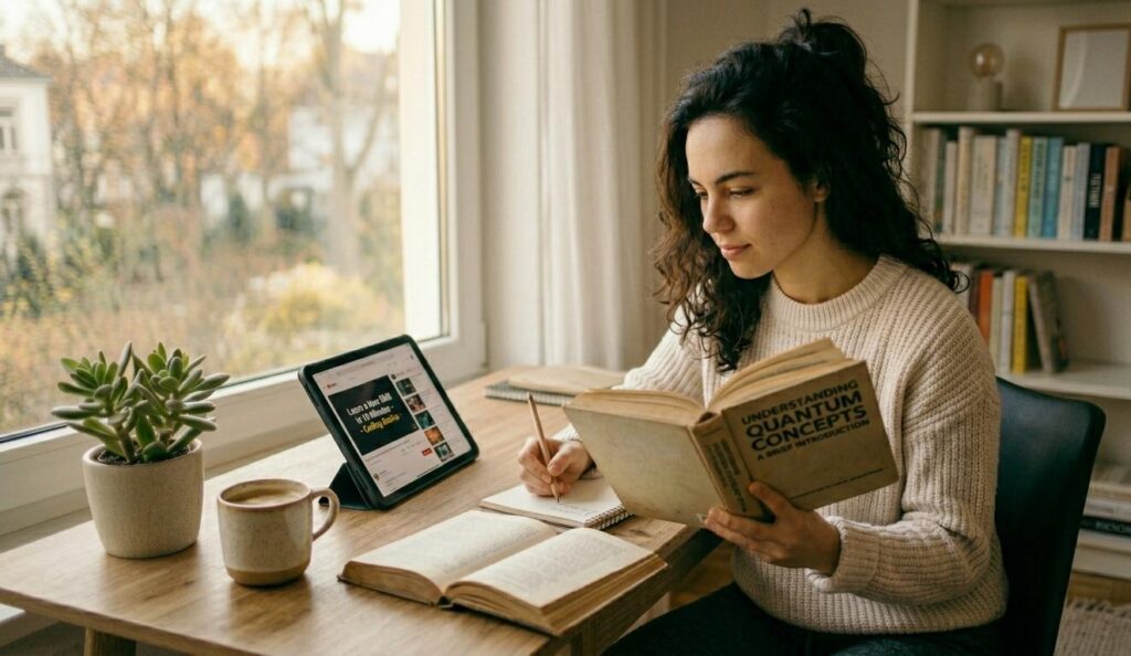 A high-resolution, realistic photo of a young woman with dark curly hair sitting at a wooden desk by a window. She is focused on reading a book titled 'UNDERSTANDING QUANTUM CONCEPTS' while taking notes in a spiral notebook. A tablet stands on the desk showing an educational video interface. A cup of coffee, a succulent plant, and an organized bookshelf are in the background. Natural daylight fills the workspace, creating a studious and calm atmosphere.
