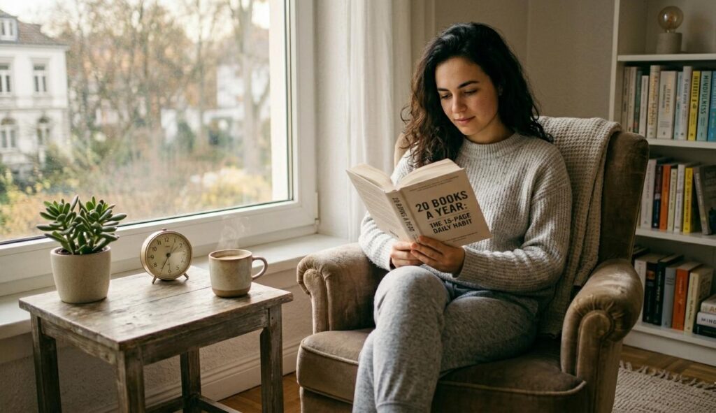A high-resolution, realistic photo of a young woman with dark curly hair sitting comfortably in a brown armchair by a large window. She is focused on reading a book titled '20 BOOKS A YEAR: THE 15-PAGE DAILY HABIT.' Beside her, a small wooden table holds a steaming mug of coffee, a vintage alarm clock, and a succulent. In the background, a bookshelf is filled with diverse titles. Soft, natural daylight creates a warm, scholarly atmosphere.