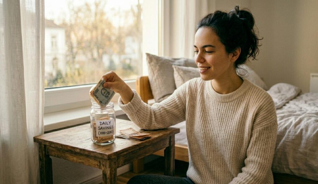 A high-resolution, realistic photo of a young woman with dark curly hair tied up, wearing a cream knit sweater. She is sitting on the floor of a bright, minimalist bedroom, smiling as she places Indian Rupee notes into a clear glass jar labeled 'DAILY SAVINGS (100-200).' The jar sits on a small rustic wooden side table next to a large window. Soft, natural daylight fills the room, creating an atmosphere of confidence and discipline.