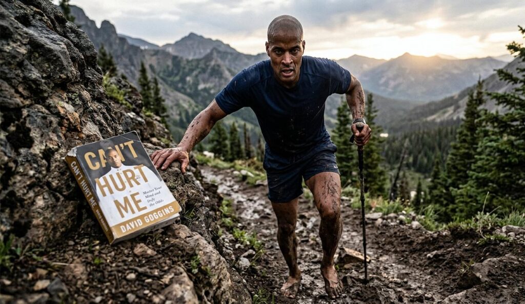 Life-changing books. A high-resolution, gritty photo of David Goggins mid-stride, pushing his body to the limit on a muddy mountain trail at dawn. He is sweaty, mud-splattered, barefoot in minimalist sandals, and grimacing with intense mental drive. A rugged copy of his book 'Can't Hurt Me' (white cover, bold red title 'CAN'T HURT ME' and 'David Goggins' author name) is battered and wedged into rough, wet rock next to his left foot, resting central on rough ground. He holds a muddy trekking pole and looks forward with an unwavering, focused gaze through extreme physical pain. Background shows rugged peaks and soft morning light. Focus is sharp on his face, his muddy hand, and the legibility of the battered book cover.