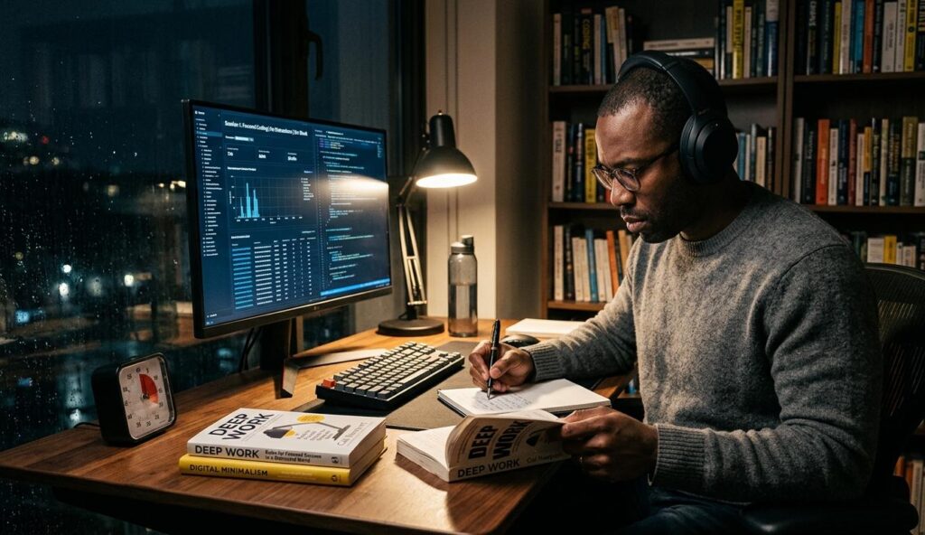 A high-resolution, realistic photograph capturing a focused Black man in his late 30s wearing glasses and over-ear headphones, deeply engaged in a solitary, productive evening study session. He is writing in a 'Deep Work' notebook with a fountain pen while simultaneously referencing an open copy of Cal Newport’s book 'Deep Work' (clearly legible white cover and title) at a minimalist wooden desk. The monitor displays coding data ('Focused Session).