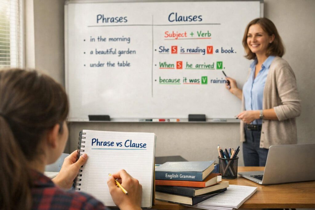 Student learning difference between phrase and clause in a classroom with teacher explaining subject and verb on whiteboard with examples