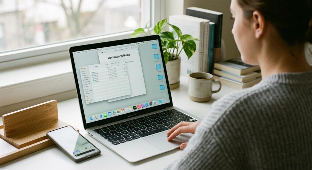 A woman sitting at a bright, minimalist desk organizing files on her laptop screen, with a smartphone and plants nearby, illustrating a clean digital environment.