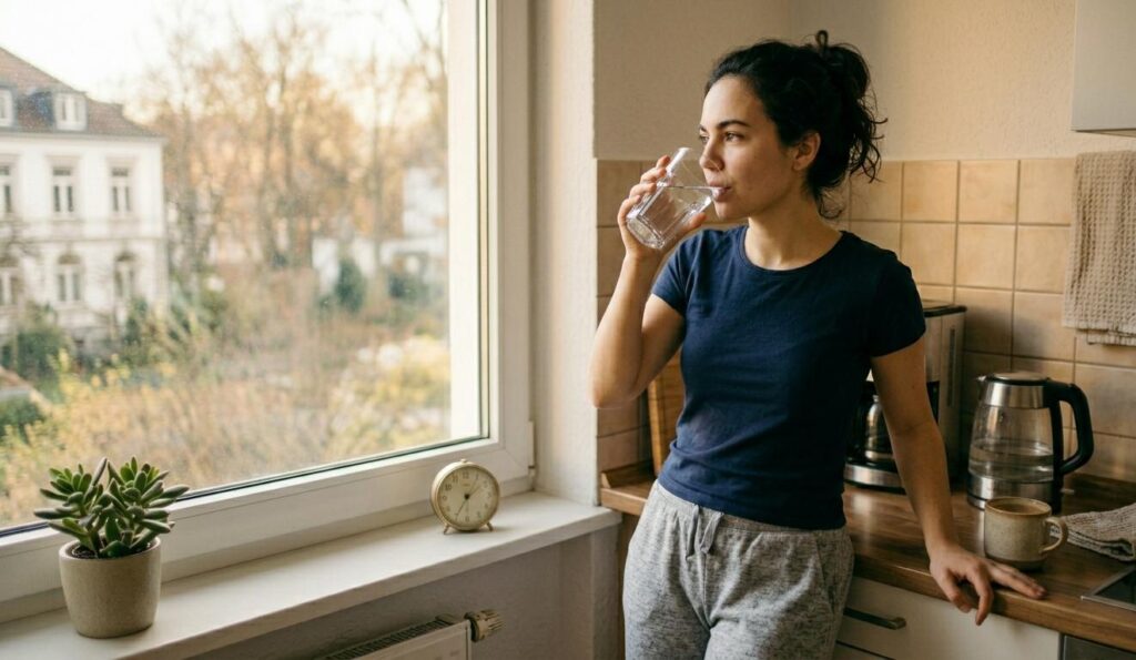 A high-resolution, realistic photo of a young woman with dark hair tied back, wearing a navy blue t-shirt and gray lounge pants. She is standing in a bright, sunlit kitchen, drinking a large glass of clear water while looking out a large window. In the background, a coffee machine and a kettle sit on a wooden countertop next to an empty coffee mug. A small succulent and a vintage alarm clock are on the windowsill. The scene is bright and refreshing.