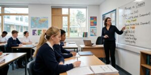 A female teacher in glasses points to a whiteboard in a modern classroom, explaining 'Phrases and Clauses'. The board lists examples like 'They went to school' and 'working quickly,' with subjects and verbs highlighted in yellow and orange. A student in the foreground takes notes in a spiral notebook labeled 'Phrase vs Clause'.