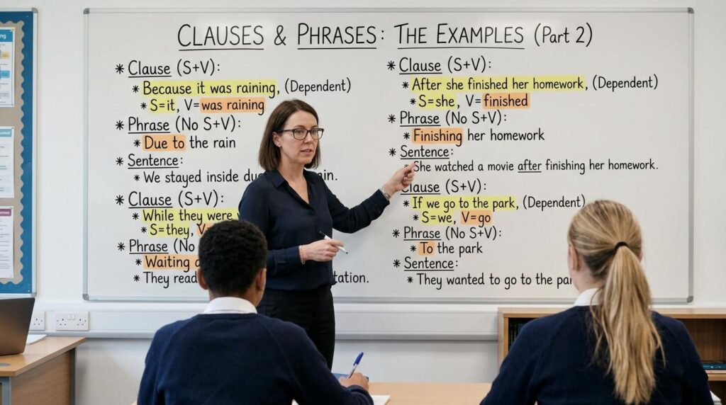 A teacher explains complex grammar on a whiteboard titled 'Clauses & Phrases: The Examples (Part 2)'. The board shows side-by-side comparisons such as 'Because it was raining' (Clause) vs. 'Due to the rain' (Phrase). Students are seen from behind, focused on the lesson.