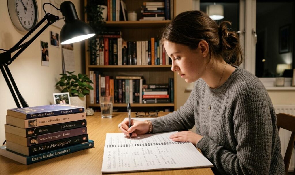 A top-down, realistic photograph of a focused female student seated at a minimal modern wooden desk, diligently solving multiple-choice English Literature questions in a spiral-bound notebook. She wears a grey knitted sweater and her brown hair is tied back in a ponytail. Her forearms rest on the desk, holding a black pen. The desk features open books (Virginia Woolf's 'Mrs. Dalloway' with yellow highlighted text and marginalia, an open academic book titled 'An Introduction to Literature' with various colored highlights), a stacked collection of books ('The Waste Land', 'To the Lighthouse'), handwritten notes, a silver MacBook Air displaying a search result for 'E.M. Forster analysis', wire-frame glasses, a small plant, and a white coffee mug. Soft natural daylight from a window to the left illuminates the highly detailed scene. The student is writing on page 112 of the notebook which includes detailed bullet points under 'BLOOMSBURY GROUP & MODERNISM'. The composition captures quiet focus and deep study.