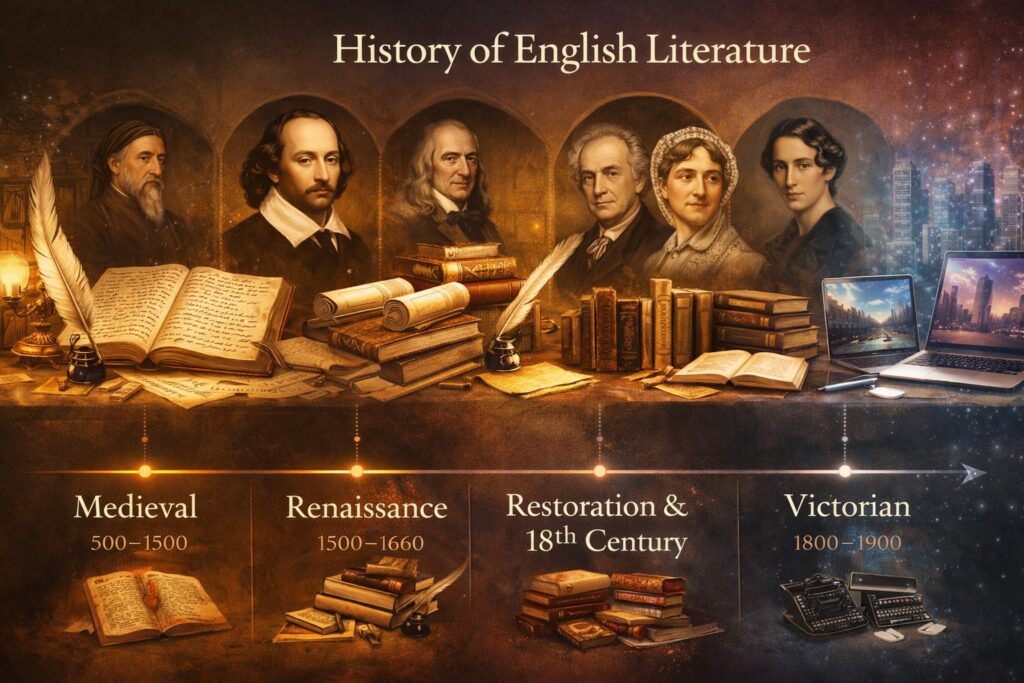 Realistic timeline infographic tracing English literature history from medieval to modern times. It shows key periods: Medieval (quill pen, 'Beowulf' manuscript), Renaissance (portrait of Shakespeare, classic sonnet), Enlightenment (vintage book, 'Pride and Prejudice' opening), Romanticism (Wordsworth portrait, nature imagery), and Modern (typewriter, stream of consciousness excerpt, contemporary digital elements). The visual transitions use warm, antique tones that blend seamlessly into sleek modern graphics. Highly detailed and educational.