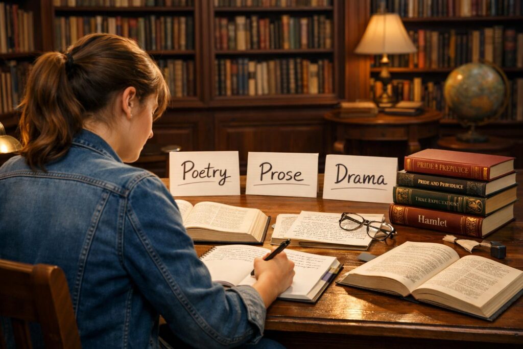 student studying English literature with books and notes on history genres and authors