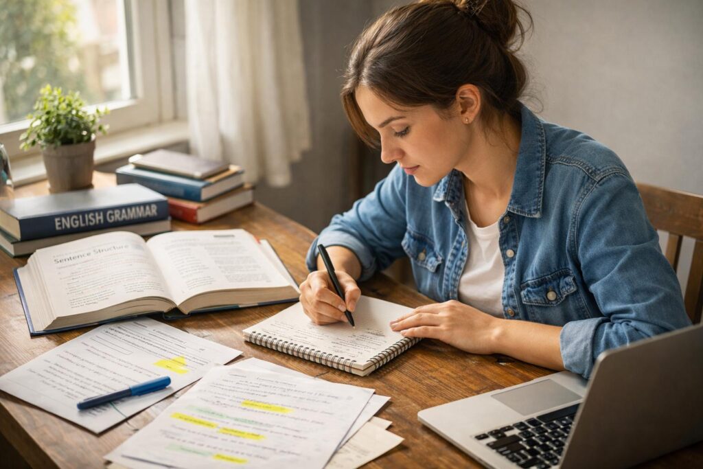 Student studying English grammar and learning sentence structure rules while writing in a notebook.