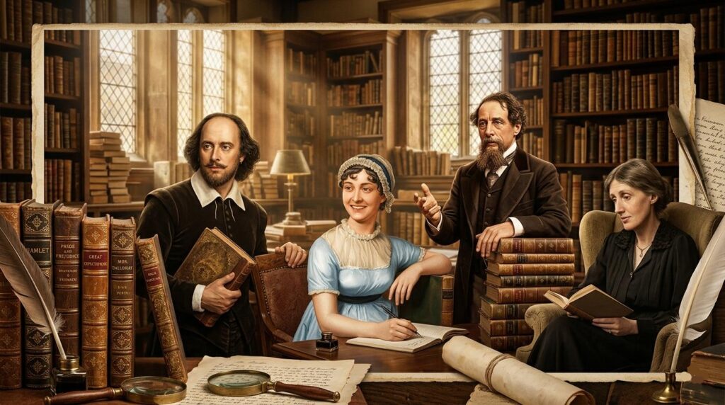 A realistic collage featuring a sophisticated grouping of four famous English literature authors: William Shakespeare (top-left, holding 'Hamlet'), Jane Austen (top-right, with 'Pride and Prejudice'), Charles Dickens (bottom-left, holding 'A Tale of Two Cities'), and Virginia Woolf (bottom-right, with 'To the Lighthouse'). They are arranged artistically around a central cluster of classic books, worn leather volumes, quill pens, ink bottles, and a scroll with elegant script ('The Masters'). The background is a detailed, old scholarly library with blurred oak bookshelves and warm, natural ambient light (cinematic). Highly detailed 16:9 composition.