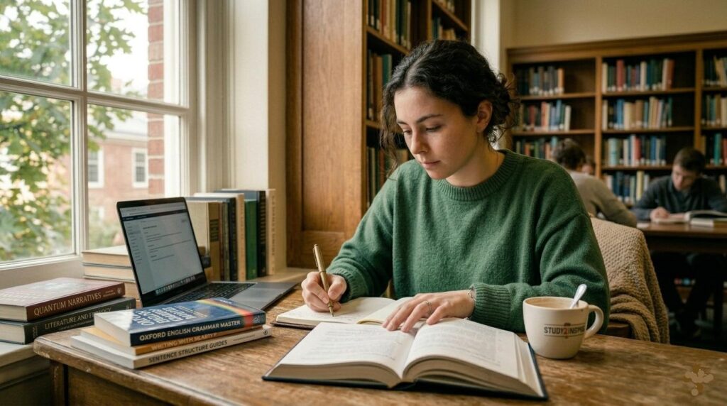 A candid, realistic photograph of a focused young woman sitting at a sunlit wooden desk, actively writing English sentences in a leather journal. Open grammar textbooks (Oxford, Writing Clarity) and study notes are visible, next to a laptop and a ceramic 'S2I' mug, with a cozy bookshelf in the background, conveying a productive, academic atmosphere on Study2Inspire.