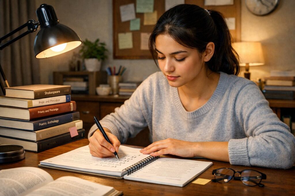 A focused student studying English literature with books, notebook, and desk lamp in a calm study room
