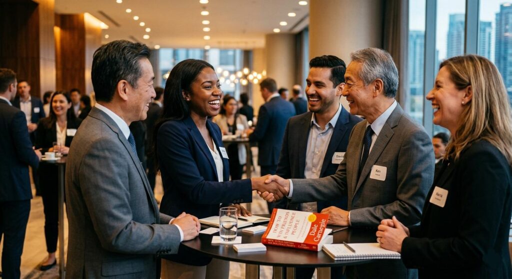 A realistic, high-resolution photo of a genuinely smiling, professional group of four multi-generational and ethnically diverse colleagues collaborating at a high-top table in a bustling hotel lobby networking event at dusk. A young woman in a blazer (Sarah) warmly shakes hands with an older Asian man (Ken) while Dale Carnegie's book 'How to Win Friends and Influence People' (with red/yellow classic cover and clearly legible text) rests central on the table, surrounded by business cards and notebooks. The participants show strong eye contact and joyful, engaged body language. Background shows blurred city lights and other attendees (bokeh).