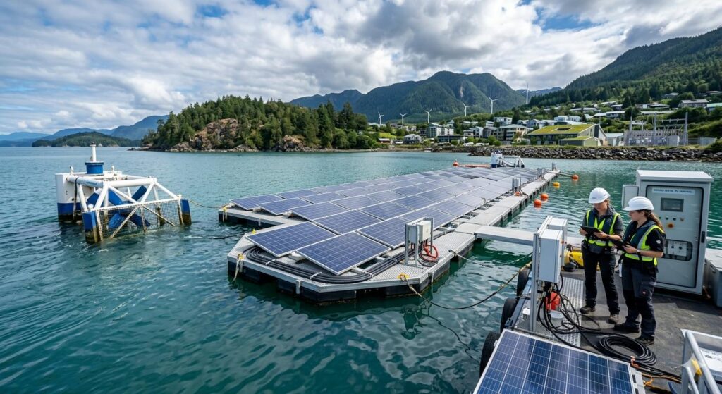 Two engineers in safety gear inspecting a floating solar panel array and underwater tidal turbine system in a coastal bay with mountains in the background.