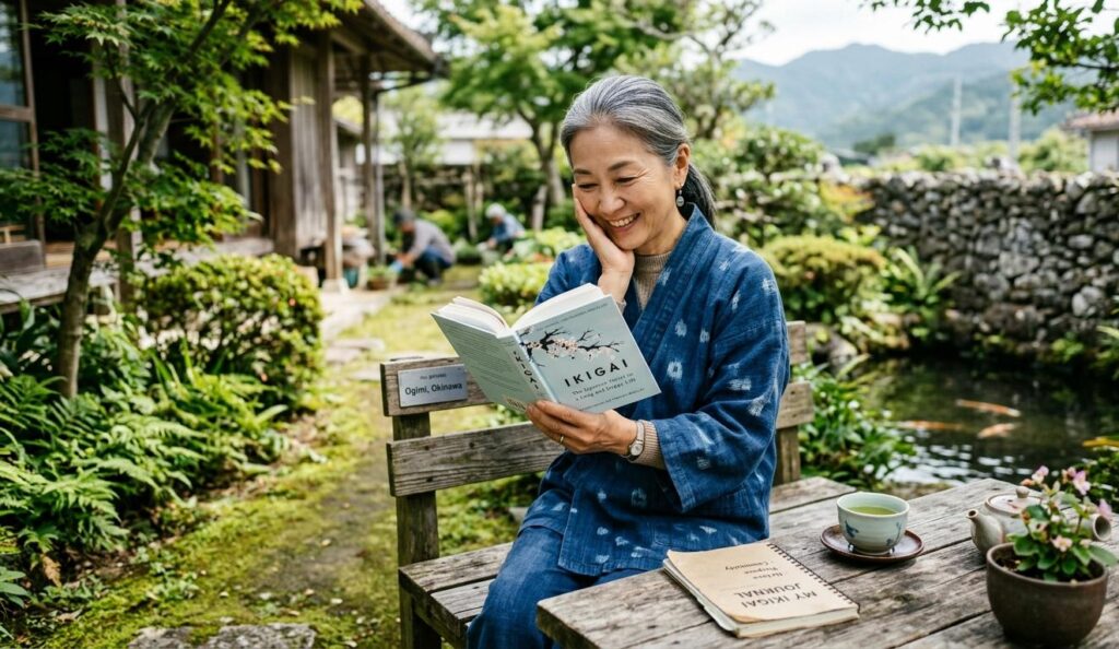 A high-resolution, realistic photo of a serene and smiling Japanese woman in her 60s with tied-back grey hair and a blue patterned traditional linen kimono (samue). She is seated comfortably on a weathered wooden bench in a tranquil traditional garden in Ogimi, Okinawa, deeply engrossed in reading the book 'Ikigai' (clearly legible white cover with a colorful circle, Héctor García author name). She rests her left hand on her cheek, expressing contentment. Outside, blurred community members work in the verdant foliage. A 'MY IKIGAI JOURNAL' (with visible notes: Nature, Purpose, Community) and a teacup with green tea (sencha) are on the rustic table beside her, emphasizing active purpose.