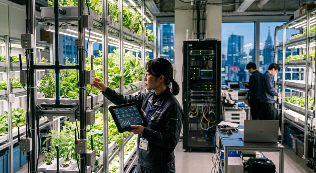 A researcher holding a tablet monitors data from a network of IoT sensors attached to hydroponic grow racks in a high-tech indoor vertical farm, with a city skyline visible through the window.