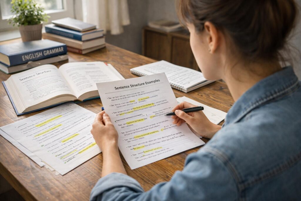 Student learning English sentence structure and grammar rules while studying with books and notes.