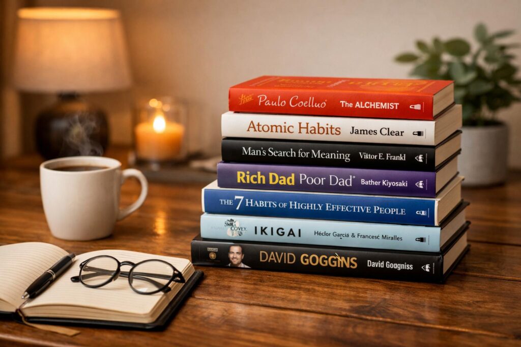 stack of life changing books on wooden table with coffee and notebook in cozy reading environment