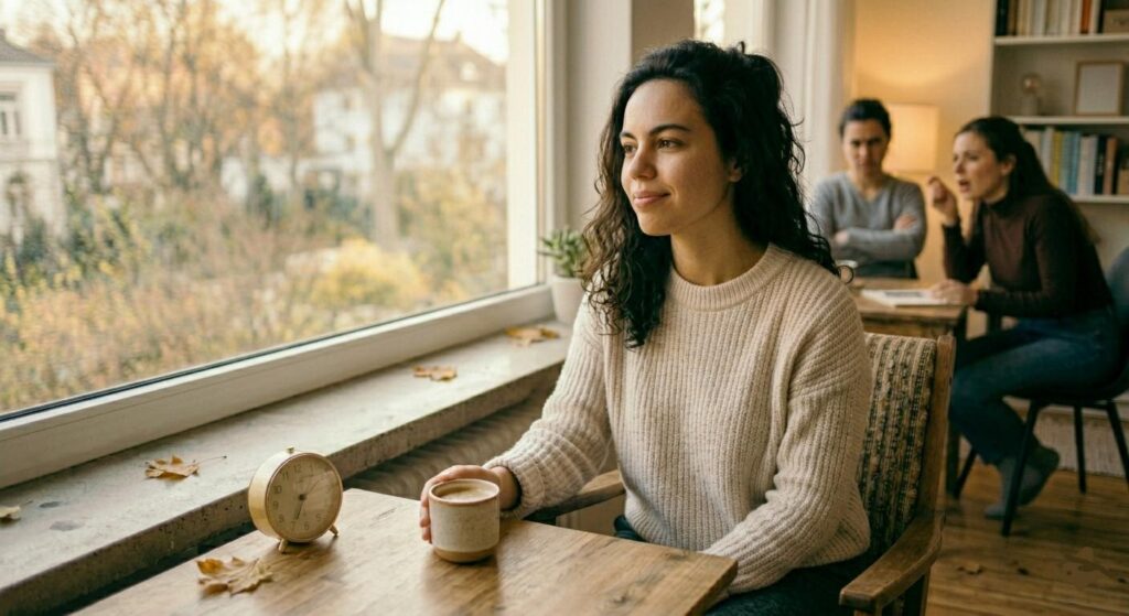 A high-resolution, realistic photo of a young woman with dark curly hair in a cream knit sweater, sitting at a wooden table by a window in a cafe. She holds a coffee mug and looks peaceful and resolute. Scattered autumn leaves are on the table and floor, and the window view shows trees with golden foliage. In the soft-focused background, outside the window and within the cafe, other figures are visible, subtly suggesting negative energy (constant complainers, gossipers, emotionally draining relationships) that she is creating distance from. Natural daylight creates a calm, grounding atmosphere.