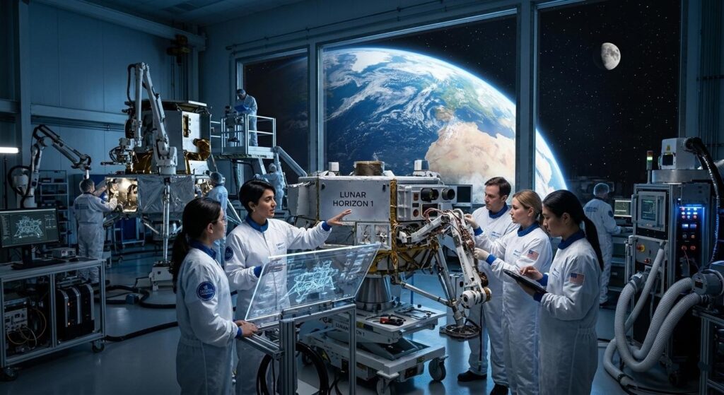 Aerospace engineers in a clean room lab work on the 'Lunar Horizon 1' robotic lander. Through a large window, a stunning view of Earth from space and the Moon is visible.