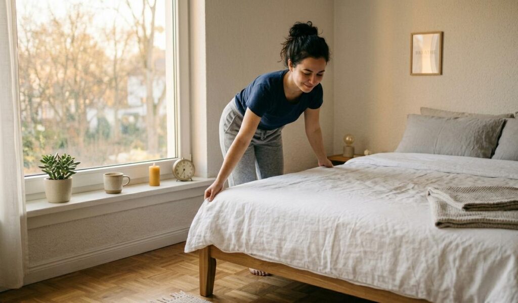 A high-resolution, realistic photo of a young woman with dark hair tied in a bun, wearing a dark blue t-shirt and gray lounge pants, smiling as she neatly tucks in a light gray linen duvet on a wooden bed frame. Sunlight fills the minimalist bedroom from a large window where a succulent and a candle are visible on the sill. The room is tidy and organized, evoking a sense of calm and accomplishment.