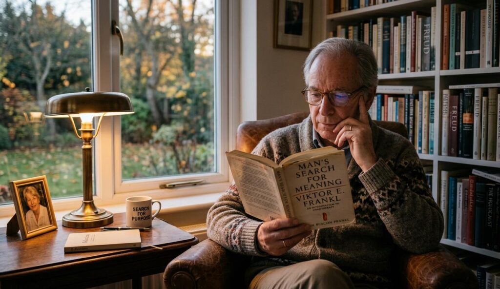 A realistic, high-resolution photo of an older man (Elias, 70s, grey hair, in a wool cardigan and glasses) deeply focused, reading 'Man's Search for Meaning' by Viktor Frankl in a cozy home library. He rests his left hand on his cheek. The window view is of an autumn garden at dusk, and a brass table lamp is lit. Clearly legible book title 'Man's Search for Meaning' and 'VIKTOR E. FRANKL' are visible.
