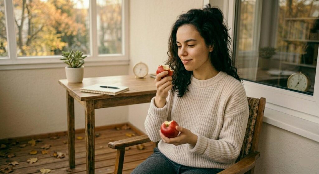 A high-resolution, realistic photo of a young woman with dark curly hair in a cream knit sweater, sitting on a wooden chair on a glass-enclosed balcony. She is holding an apple and looking at it with a peaceful, mindful expression, fully present in the moment. Scattered autumn leaves are on the wooden floor, and a desk with a notebook and succulent is in the background. Soft, natural daylight creates a calm, grounding atmosphere.