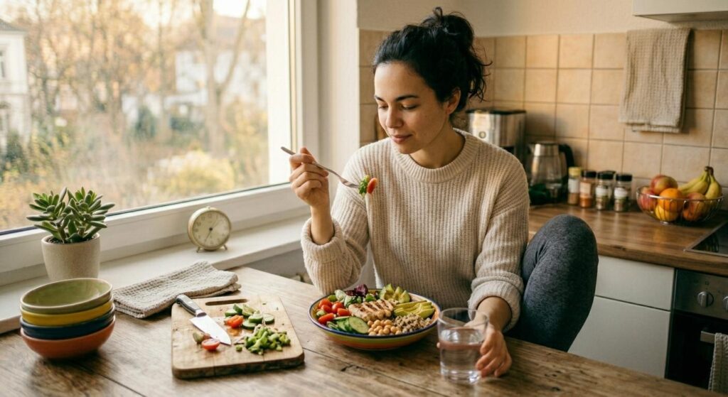 A high-resolution, realistic photo of a young woman with dark hair tied up, wearing a cream-colored knit sweater, sitting at a wooden kitchen table. She is actively eating a vibrant, colorful bowl of nutritionally balanced salad with quinoa, chicken, avocado, and vegetables. Beside the bowl is a cutting board with chopped cucumbers, a knife, and a glass of water. A large window with natural daylight overlooks trees in the background. The kitchen is tidy and inviting.