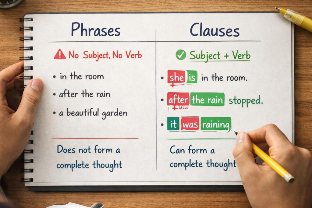 Phrase and clause comparison chart showing examples with and without subject and verb in English grammar