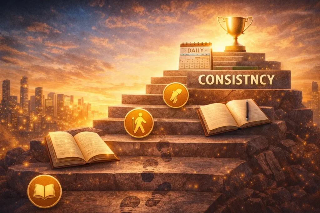 Illustration showing the power of consistency through daily habits like reading, writing, and walking, symbolizing how self-discipline leads to long-term success.