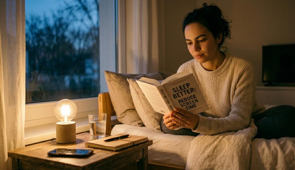 A high-resolution, realistic photo of a young woman with dark hair tied loosely, wearing a cozy cream-colored knit sweater, seated comfortably in her minimalist bedroom at early evening (Dusk). She holds a physical paperback book titled 'SLEEP BETTER: REDUCE SCREEN TIME,' focused on reading. Soft, dim, warm light from a bedside lamp illuminates the scene, creating a comforting glow. Her smartphone (screen dark) is placed face down on a wooden nightstand, out of reach and focus. Dusk light filters through a large window, showing silhouettes of trees. A small glass of water and a notebook are nearby.