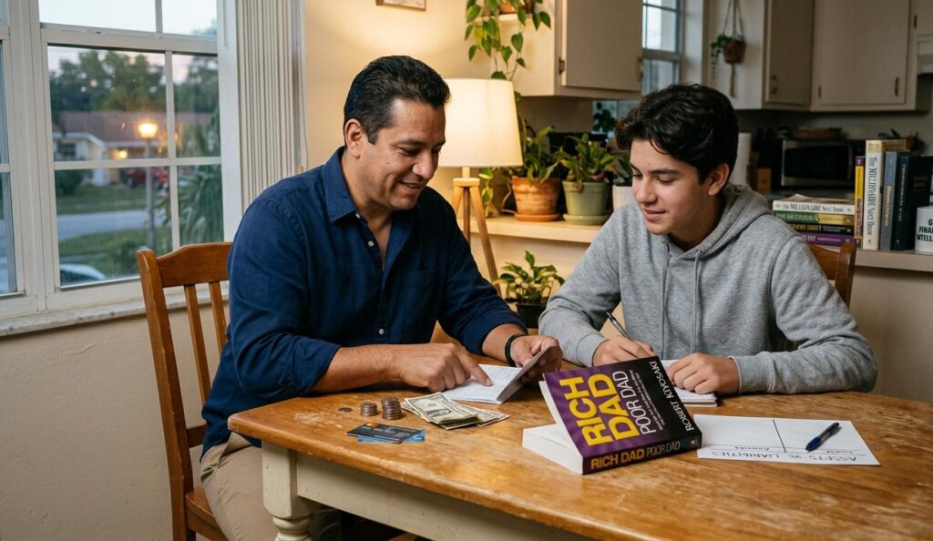 A father and teenage son sit at a kitchen table discussing financial concepts. The father points to a notebook while a copy of 'Rich Dad Poor Dad' by Robert Kiyosaki lies open on the table. A paper nearby is labeled 'Assets vs Liabilities.' Cash, coins, and a credit card are used as teaching props.