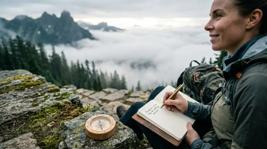 A realistic close-up photograph of the hiker from the top image, now at a serene, successful summit. She is smiling, with her leather journal open on her lap showing the last written line "Discipline is the key to lasting success," next to a unique wooden compass with the Study2Inspire logo, overlooking a clear cloud ocean.