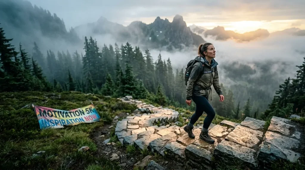 A realistic conceptual photograph of a focused woman hiking up a rugged, glowing stone path on a foggy mountain, symbolizing the steady, disciplined steps required for success vs fleeting motivation.