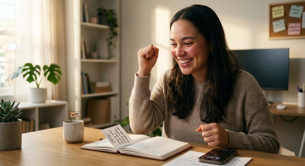 A realistic and motivating workspace scene featuring a young person filling a small habits tracker notebook, with coffee, smartphone checklist, sunlight, and tidy desk , perfect visual for productivity and self-improvement articles.
