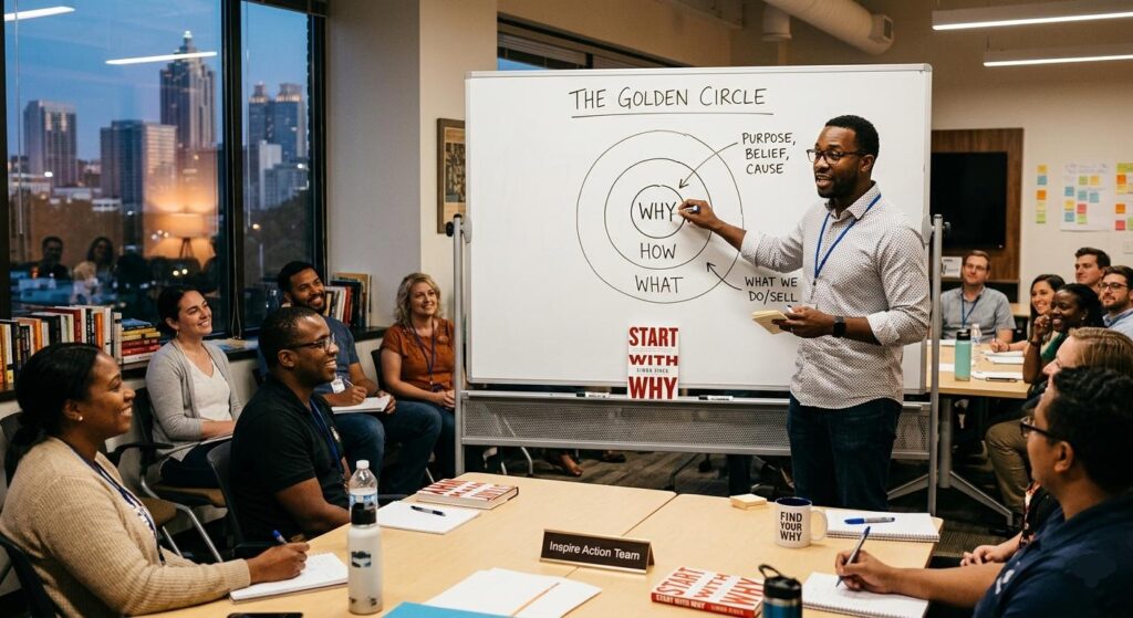 A high-resolution, realistic photo of a workshop. An older Black male facilitator (Marcus, 60s, grey hair, in a grey tweed jacket) is speaking and pointing at a whiteboard. The whiteboard clearly illustrates 'THE GOLDEN CIRCLE' diagram, with labeled concentric circles: 'WHY' (Purpose), 'HOW' (Process), 'WHAT' (Product). Resting on the whiteboard's ledge is a physical copy of Simon Sinek's book 'START WITH WHY' (white cover, bold red title). A diverse, inspired audience is engaged, smiling, and taking notes in a collaborative space in Seattle at dusk, overlooking blurred city lights. A 'FIND YOUR WHY' mug and other materials are on the tables.