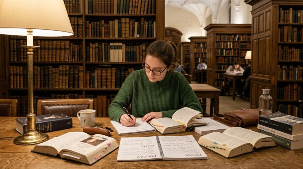 A realistic photo of a young woman with wavy brown hair, wearing a green knit sweater and glasses, seated at a weathered oak table by a window in a classic, well-lit academic library (soft, warm ambient light, high ceiling). She is deeply focused, holding an annotated copy of 'The Complete Works of Shakespeare.' Her table is covered in open classic novels (clearly visible spines of 'Moby Dick,' 'The Waste Land,' 'Pride and Prejudice') and detailed handwritten notebooks. One notebook explicitly shows visible section dividers labeled: 'POETRY,' 'PROSE,' and 'DRAMA.' Her hand rests on a detailed note titled 'Character Arc Analysis.' Shot on GFX50S, 45mm, f/4.0, 1/160s, ISO 6400, natural library grain.
