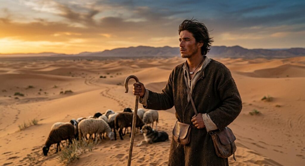 Life changing books. A realistic, high-detail photo of a young Mediterranean shepherd (Santiago) holding a wooden staff and looking across rolling sand dunes at sunset. A small flock of sheep and a dog follow him in the vast desert landscape. He wears a rustic brown wool coat and leather satchels.