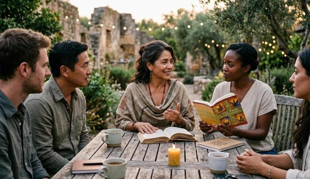 A high-resolution, realistic photo of a diverse group of five adults engaged in a meaningful sunset discussion at a rustic wooden table in a Mediterranean-style garden with stone ruins and warm string lights. A Hispanic woman in her 50s (Elena) gestures warmly while leading the conversation. A young Black woman (Maya) holds an open copy of 'The Four Agreements' by Don Miguel Ruiz (clearly legible colorful cover with four square icons). A notebook titled 'TOLTEC WISDOM NOTES' sits on the table next to ceramic mugs and a glowing beeswax candle. The group displays open, respectful body language and deep engagement.