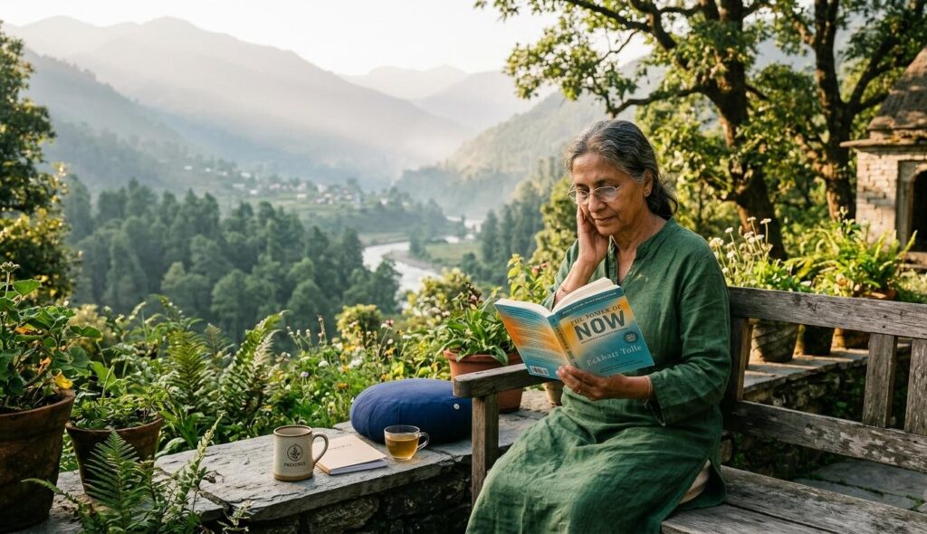 A high-detail, realistic photo of a serene South Asian woman in her 60s wearing a green linen tunic. She is sitting on a weathered wooden bench on a stone terrace, deeply engrossed in reading 'The Power of Now' by Eckhart Tolle. The background features a breathtaking, misty mountain valley with a winding river at sunrise. A meditation cushion, a cup of herbal tea, and a rustic mug are on the stone ledge beside her.