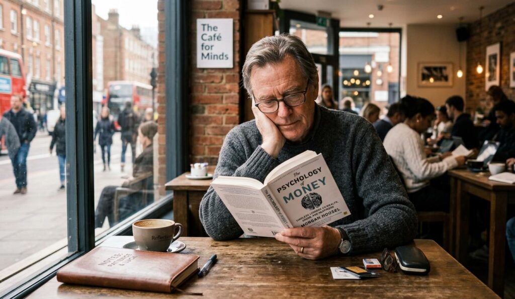 A high-resolution, realistic photo of a thoughtful older man (Henry, 60s, wearing glasses and a grey sweater) seated at a wooden table by a window in a bustling London café ('The Café for Minds'). He is deeply engrossed in reading 'The Psychology of Money' by Morgan Housel (clearly legible white cover and blue/black text). He rests his left hand on his cheek, contemplating. Outside, blurred pedestrians, red buses, and brick buildings create a genuine city scene at Kings Cross at dusk. On the table are a half-empty mug, a notepad labeled 'NOTES: PATIENCE & LUCK,' a pen, and his simple analogue watch, emphasizing behavior over mathematics.