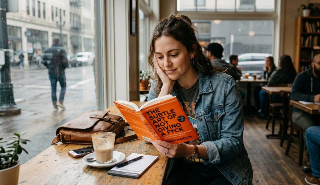 A high-resolution, realistic photo of a relaxed young woman with wavy brown hair wearing a denim jacket and hoop earrings, deeply focused on reading 'The Subtle Art of Not Giving a F*ck' by Mark Manson (clearly legible bright orange cover with white/black text). She is seated comfortably at a weathered wooden table by a large window overlooking a rainy Portland street. On the table are a half-empty latte, a small notebook labeled 'NOTES: PRIORITIES,' a pen, and her neglected phone (screen down), emphasizing presence. The cafe background shows other patrons and a bookshelf (soft bokeh).