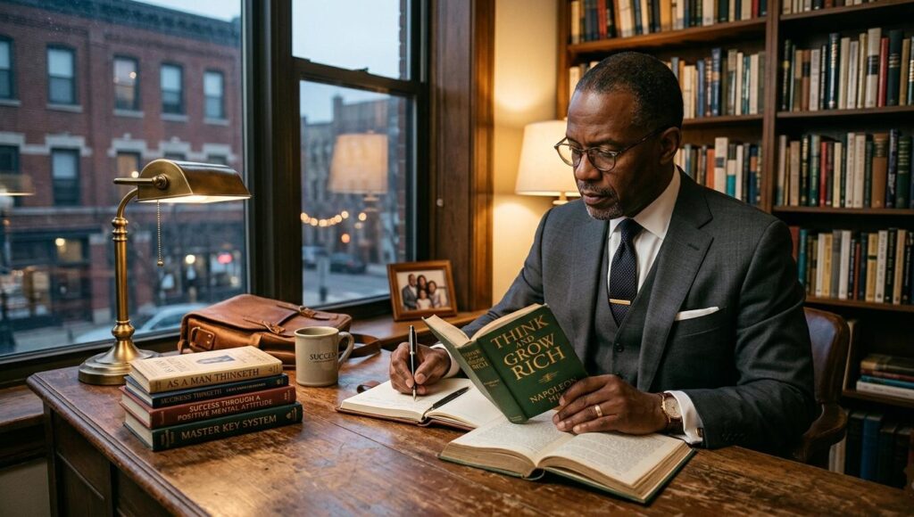 A professional man in a tailored grey suit and glasses sits at a vintage wooden desk in a home library. He is deeply focused, reading 'Think and Grow Rich' and writing notes. A stack of classic success books like 'As a Man Thinketh' and 'Master Key System' sits nearby under a brass lamp.