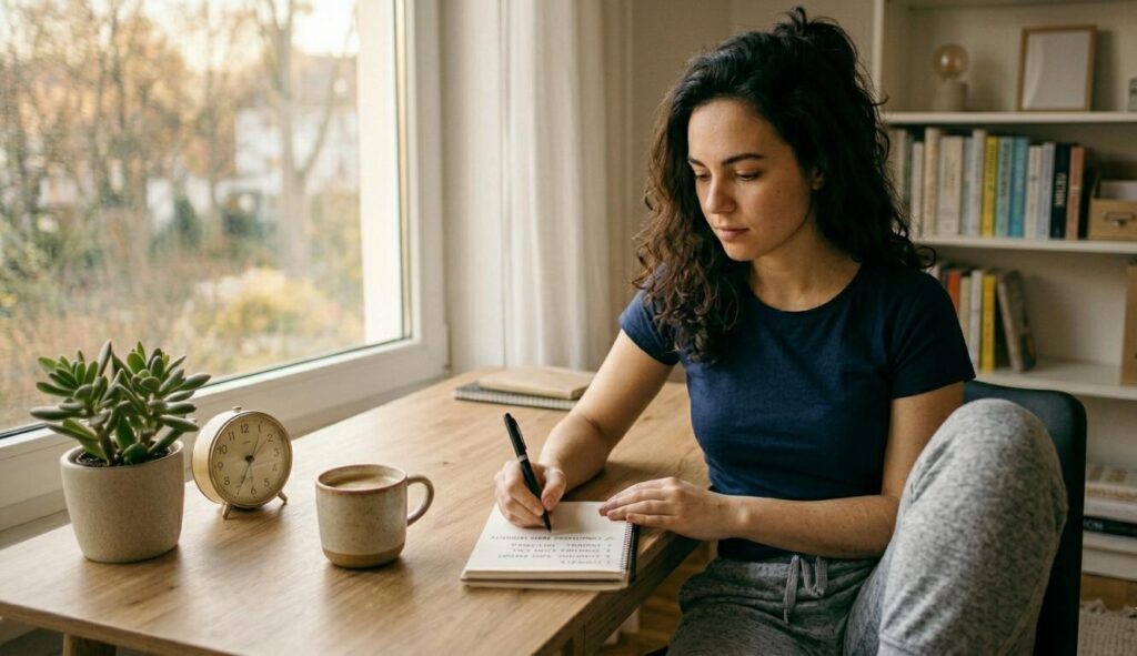 A high-resolution, realistic photo of a young woman with dark curly hair sitting at a wooden desk by a window. She is writing in a spiral-bound notebook, listing three clear, non-negotiable daily goals. On the desk are a steaming mug of coffee, a small succulent, and an alarm clock. A bookshelf filled with organized books is visible in the background. Natural daylight illuminates the productive workspace.