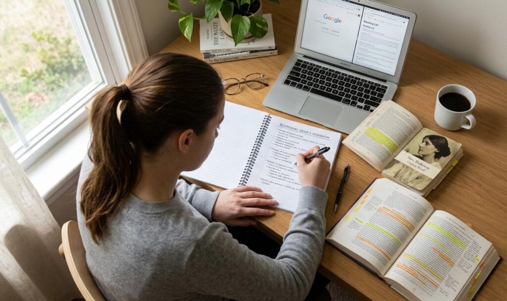 A high-resolution, realistic top-down (flat lay) photo of a student's minimal modern wooden desk. Centered is an open annotated copy of 'The Great Gatsby' with colorful sticky notes. Next to it is a spiral-bound notebook with neat handwritten notes titled 'MODERNIST THEMES' and 'NARRATIVE VOICE,' featuring highlighted text in pastel yellow. A sleek silver laptop shows a draft of a literary essay. A ceramic coffee cup with latte art, a pair of glasses, and a small succulent sit nearby. Soft, natural daylight streams in from a side window, creating a bright, productive atmosphere.