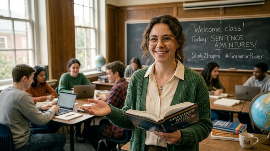 A candid, realistic photograph of a warm, smiling Middle Eastern female teacher with gold glasses and a forest green knit cardigan. She is standing at the head of a sunlit wood-paneled classroom (like the library from Study2Inspire), holding an open 'Grammar Rules & Exceptions' hardcover. The background is bustling with focused, diverse students engaged in small-group co-study, next to a chalkboard with 'Sentence Adventures!' and the Study2Inspire compass logo, conveying a positive educational environment.