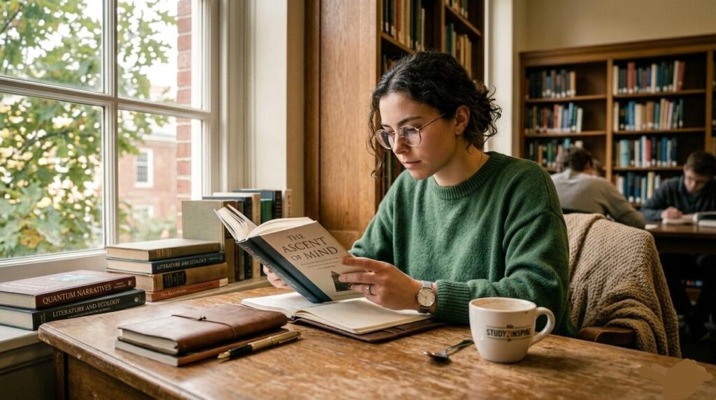 A candid, realistic photograph of a focused young woman reading an open hardcover book by a large, sunny window. She is surrounded by diverse stacks of books and a cozy, full wooden bookshelf in the background, conveying a calm, intellectual study atmosphere on Study2Inspire.